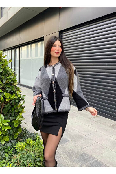 FLEX FASHION Dámský populární oversized kardigan bez kapes s peřím a kosočtvercovým vzorem – trendy kardigan