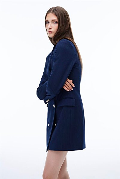 Perspective Navy Blue Striped Patterned - Regular Fit Short Length False Sleeve Dress