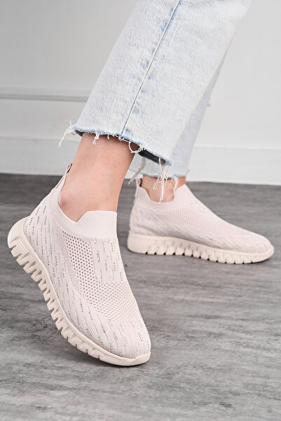 Nstil Бежеві трикотажні жіночі спортивні кросівки з камінцями, ортопедичною підошвою, дихаючою легкою гнучкою підошвою 502