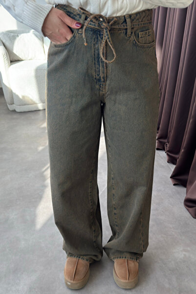 YOUR NAME Ψηλόμεση Κορδόνι Πράσινο Φαρδύ Γυναικείο Τζιν