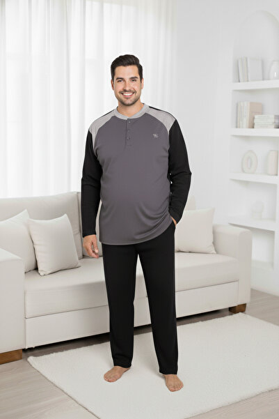 bie's Ανδρικό σετ πιτζάμες ανθρακί μεγάλου μεγέθους με σχέδιο με 3 κουμπιά 100% βαμβάκι ελαφρύ μακρυμάνικο με τσέπες