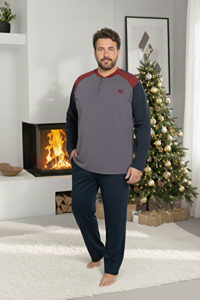 bie's Ανδρικό σετ πιτζάμες ανθρακί μπορντό μεγάλου μεγέθους με σχέδιο με 3 κουμπιά, 100% βαμβάκι, εποχιακό μακρυμάνικο σετ πιτζάμες με τσέπες