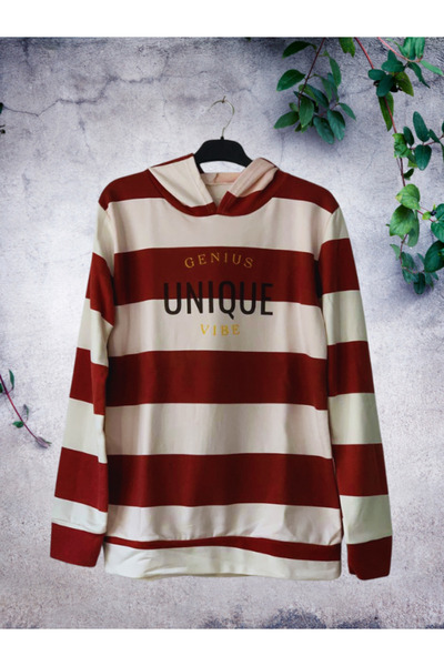 YusGos Unique Printed Hooded Striped Sweatshirt (Red-White) m Red