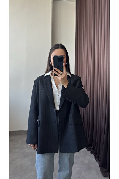 YOUR NAME سترة نسائية سوداء مخططة باللون الأزرق