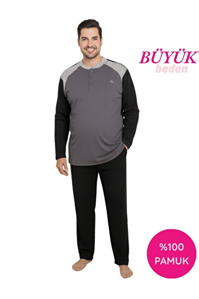 bie's Ανδρικό σετ πιτζάμες ανθρακί μεγάλου μεγέθους με σχέδιο με 3 κουμπιά 100% βαμβάκι ελαφρύ μακρυμάνικο με τσέπες