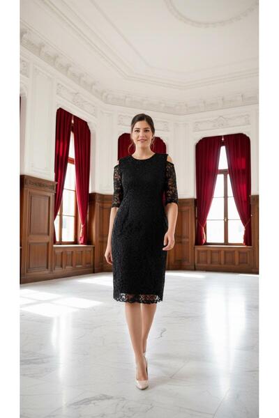 Nidya Moda Büyük Beden Kadın Siyah Omzu Pencereli Dantel Elbise-4146s