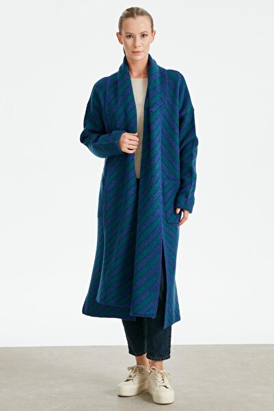 Genel Markalar VEREV ÇİZGİLİ UZUN TRİKO HIRKA PETROL