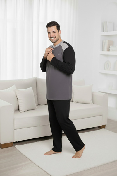 bie's Ανδρικό σετ πιτζάμες ανθρακί μεγάλου μεγέθους με σχέδιο με 3 κουμπιά 100% βαμβάκι ελαφρύ μακρυμάνικο με τσέπες