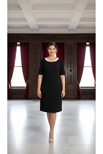 Nidya Moda Büyük Beden Kadın Siyah Yaka Ay Kombinli Abiye Elbise-4156s