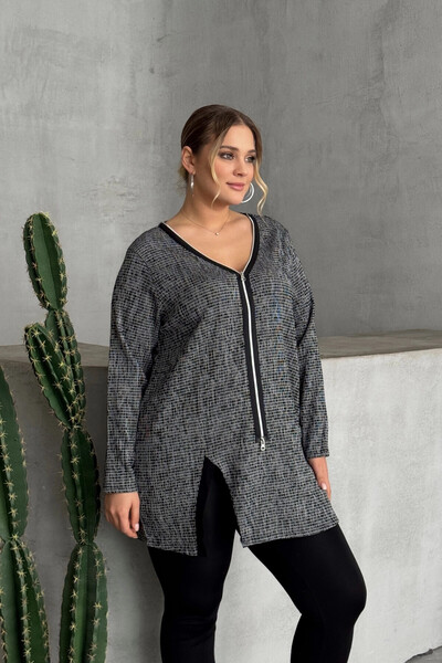 Stil Diva Plus Size V Neck Front Zip Slit Detail Blouse 173658