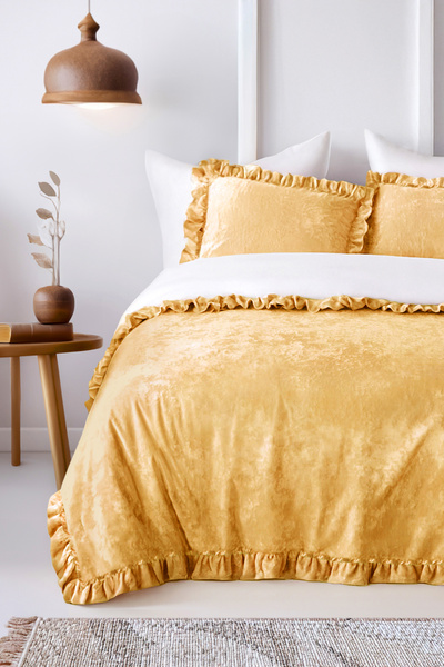 HAMUR Crush Hare Effect Double Bedspread Set with 2 Pillowcases Ruffled Satin Shine Mustard