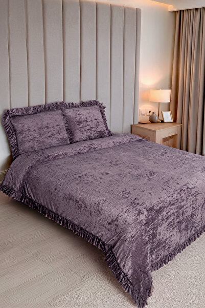 HAMUR Crush Hare Effect Double Bedspread Set with 2 Pillowcases Ruffled Satin Shine Plum