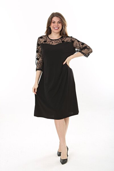 Şans Women's Plus Size Black Lace Detailed Dress 65N37659