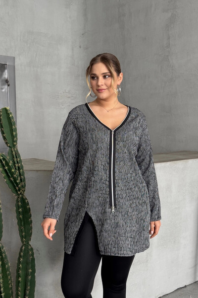 Stil Diva Plus Size V Neck Front Zip Slit Detail Blouse 173658