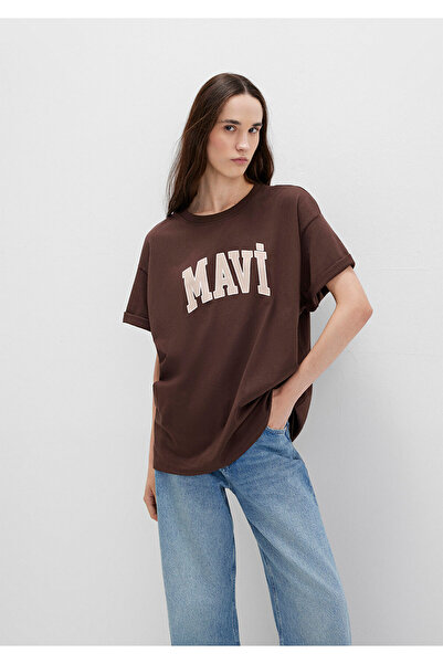 Mavi Logo bedrucktes braunes T-Shirt in Übergröße/Breite Passform 1600843 -88062