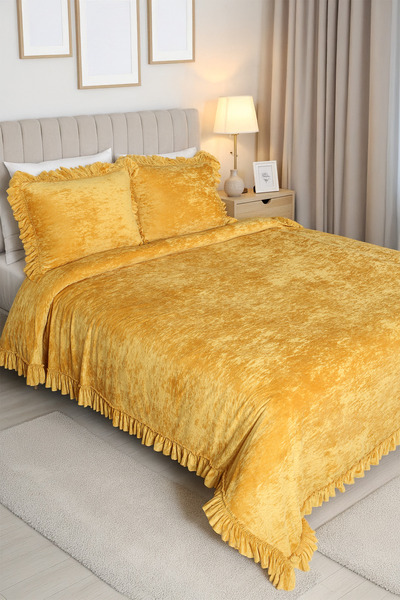 HAMUR Crush Hare Effect Double Bedspread Set with 2 Pillowcases Ruffled Satin Shine Mustard