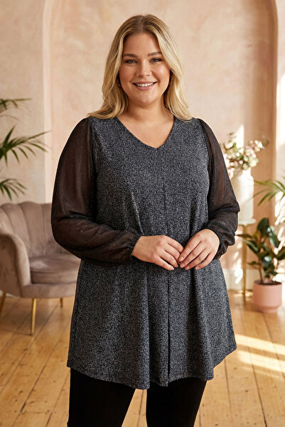 Stil Diva Plus Size Long Tulle Sleeve V-Neck Glitter Blouse with Elasticized Wrist 78-132