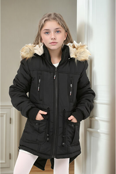 Your Consent Kız Çocuk Kapüşonlu Kalın İçi Polarlı Rahat Kesim Uzun Kışlık Mont