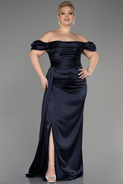 Abiyefon Long Navy Blue Boat Neck Leg Low-cut Satin Plus Size Evening Dress A...