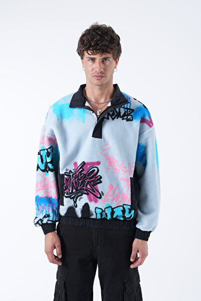 2512 Clothing Graffiti Pattern Half Zipper Fleece Jacket