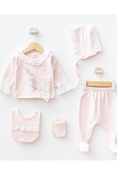 Mert Baby Çiçek Nakışlı Dantel Detaylı 5'li Organik Hastane Çıkış Seti Kız Bebek