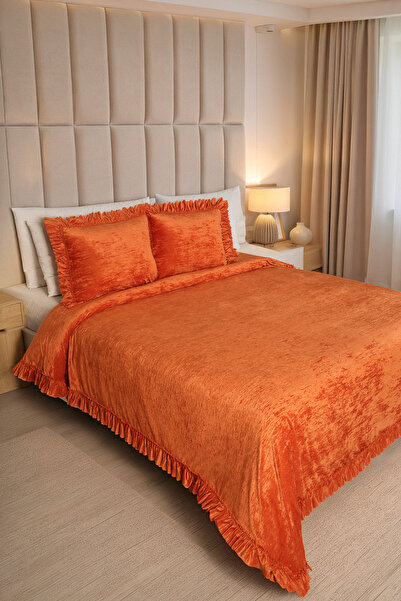 HAMUR Crush Hare Effect Double Bedspread Set with 2 Pillowcases Ruffled Satin Shine Tile