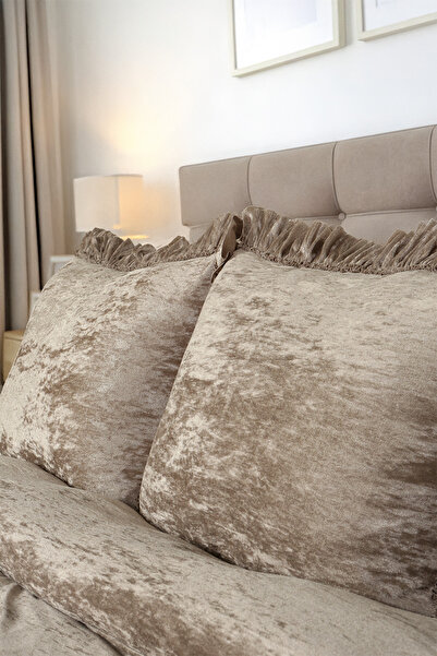 HAMUR Crush Hare Effect Double Bedspread Set 2 Pillowcases Ruffled Satin Shine Mink