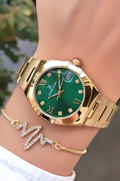 Daniel Klein Original Gold Color Green Dial 2 Years Warranty Women's Wristwatch with Invoice Bracelet Gift