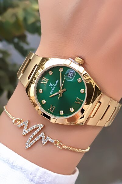 Daniel Klein Original Gold Color Green Dial 2 Years Warranty Women's Wristwatch with Invoice Bracelet Gift