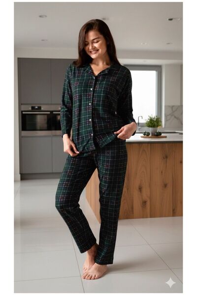 Sude HOMEWEAR Dámská zelená kostkovaná košile semišová pyžamová souprava