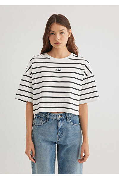 Mavi Tištěné logo Černé tričko Striped Crop Crop / Short Cut1612227-86678