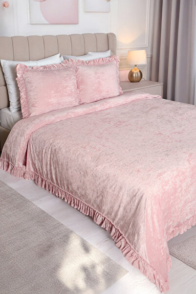 HAMUR Crush Hare Effect Double Bedspread Set 2 Pillowcases Ruffled Satin Shine Powder