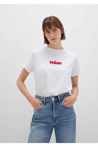 Mavi Weißes T-Shirt mit rotem Miav-Aufdruck, reguläre Passform / normaler Schnitt 1610622-86417