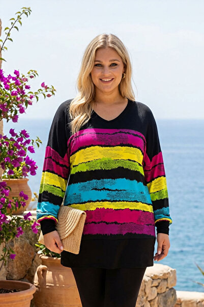 Stil Diva Plus Size V-Neck Striped Long Sleeve Blouse with Slits on the Sides302014