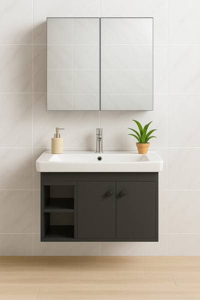 Tasarım Lumina 85 cm, Antrasit renkli, Turkuaz marka Seramik Lavabolu, Alt - Üst Dolap, Banyo Dolabı Takımı.