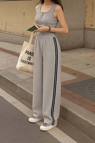 pandy Šedé tepláky se širokými nohavicemi - ženy s dvojitým pruhem