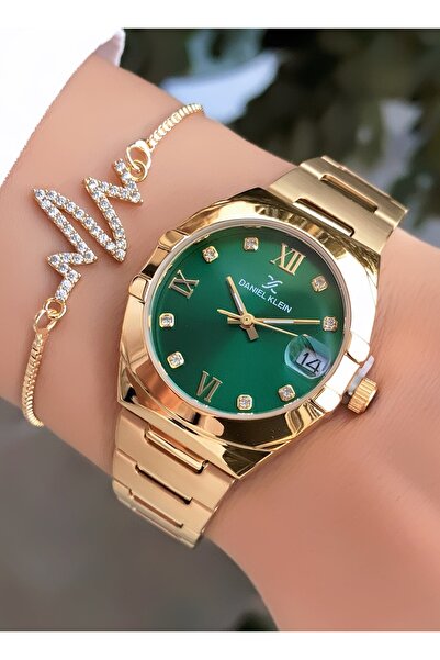 Daniel Klein Original Gold Color Green Dial 2 Years Warranty Women's Wristwatch with Invoice Bracelet Gift