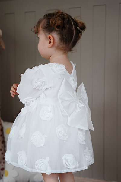 ALYRA Rochie pentru fetiță cu mâneci lungi, cu fundă, cu trandafiri, petrecere de aniversare, nuntă, ocazie specială, rochie de seară, rochie pentru fetiță