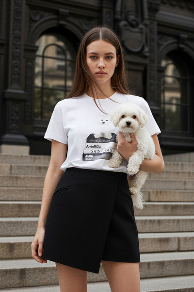 Amia&Co. Ekru Bisiklet Yaka Baskılı T-Shirt