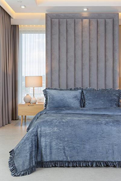 HAMUR Crush Hare Effect Double Bedspread Set with 2 Pillowcases Ruffled Satin Shine Indigo