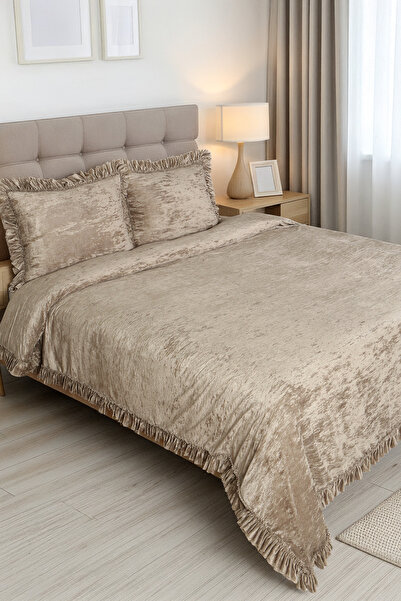 HAMUR Crush Hare Effect Double Bedspread Set 2 Pillowcases Ruffled Satin Shine Mink