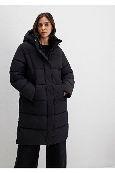 Mavi Μαύρο μακρύ πουπουλένιο παλτό με κουκούλα 1110228 -900