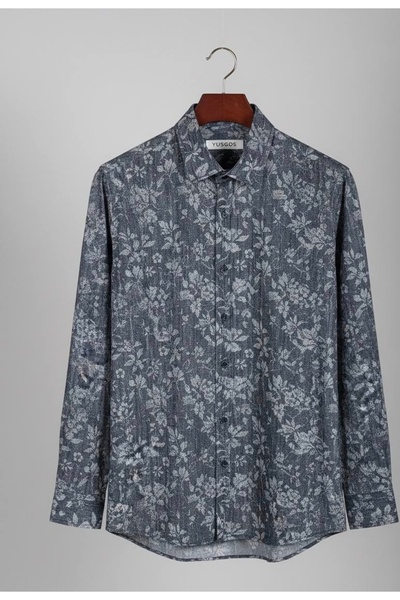 YusGos Long Sleeve Cotton Easy Iron Leaf Pattern Regular Fit Premium Men's Shirt Smoked 3XL