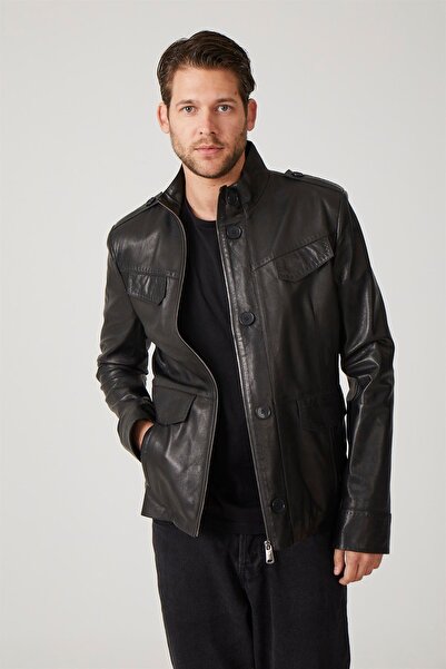 Deriderim Black Felix Men's Genuine Leather Coat with Zippered Lining and Pocket Detail