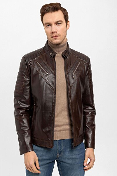 Deriderim Kahve Klan Omuzlar Dikişli Erkek Hakiki Deri Mont