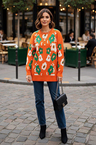AsprinFashion guler rotund Pulover cu mâneci lungi cu model floral supradimensionat Pulover tricot portocaliu