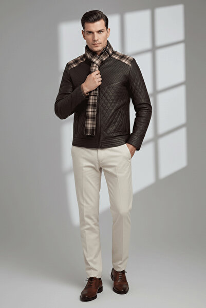 Deriderim Kahve Steven Erkek Şallı Kapitone Hakiki Deri Mont