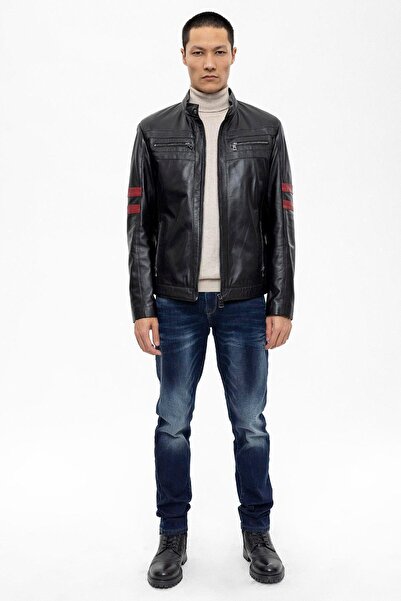 Deriderim Black Elvis Zippered Red Striped Sports Lined Men's Short Genuine Leather Coat