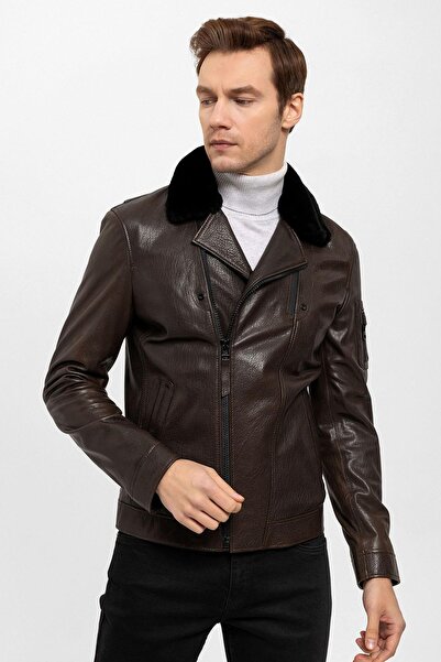 Deriderim Kahve Revolte Yaka Kürklü Erkek Hakiki Deri Mont