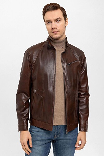 Deriderim Cognac Calvy Genuine Leather Men's Coat